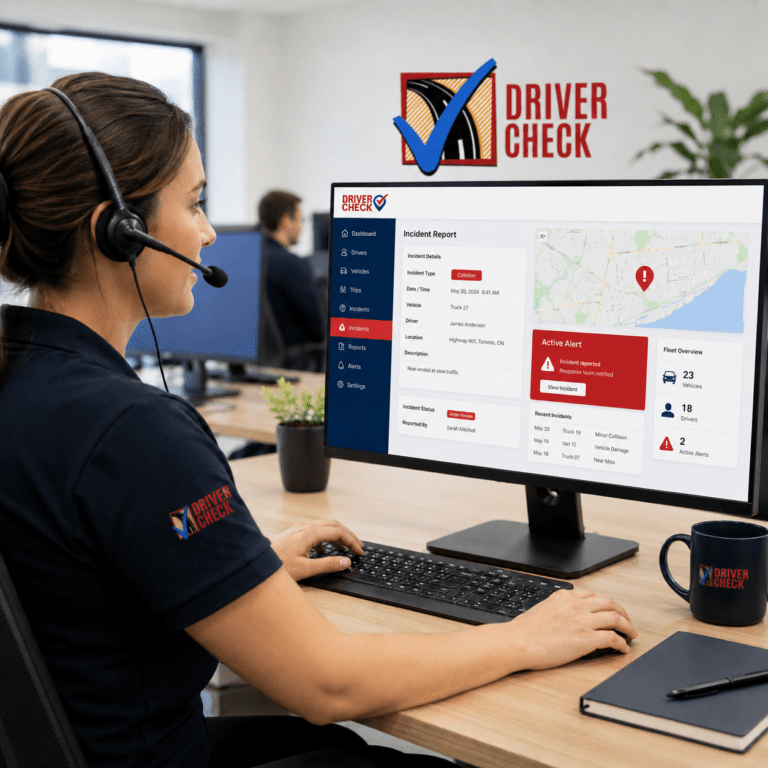Call centre operator using the Driver Check dashboard to log and manage fleet incident reports.