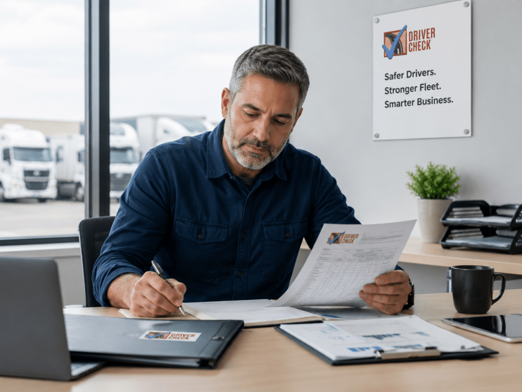 Man going through monthly Drivercheck report